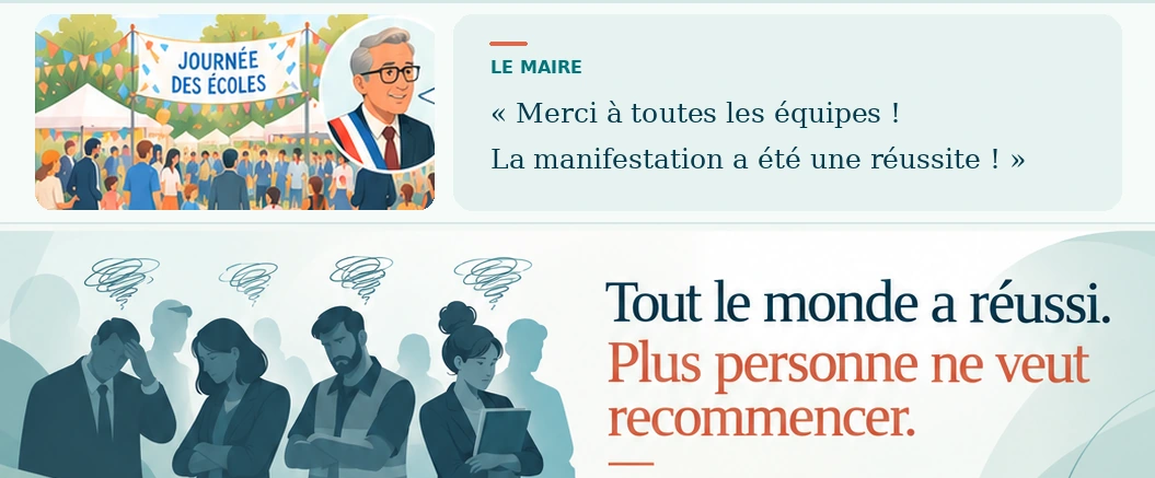Le maire remercie les équipes pour la manifestation réussie. En dessous, les équipes épuisées : Tout le monde a réussi. Plus personne ne veut recommencer.
